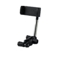 Black car phone holder snapped onto rearview mirror with cylindrical support frame, ABS plastic construction