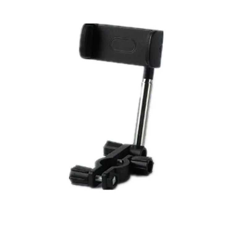 Black car phone holder snapped onto rearview mirror with cylindrical support frame, ABS plastic construction