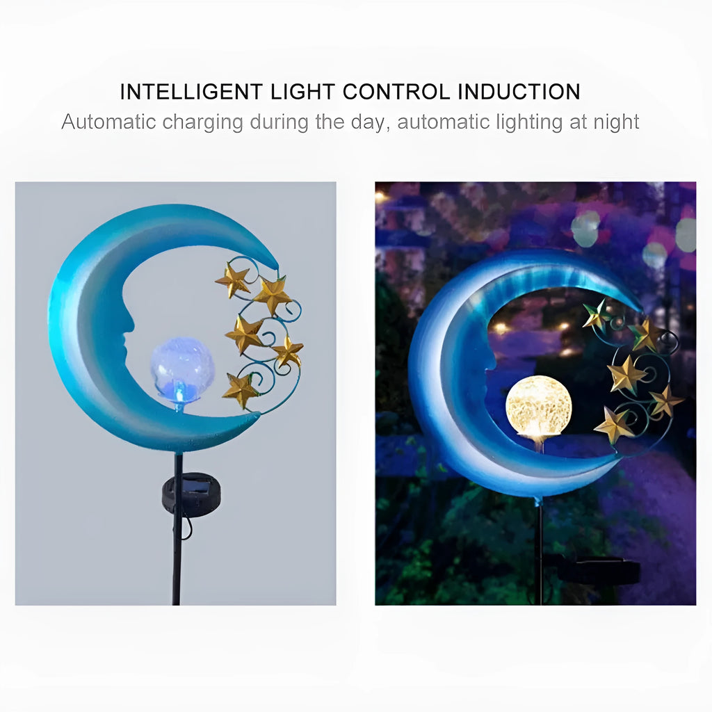 Blue moon shaped solar lawn light with wrought iron frame and crack glass ball LED