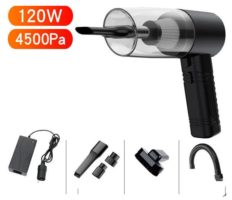 Black car vacuum cleaner with multiple accessory heads on 5-metre power cable