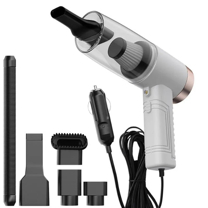 Black car vacuum cleaner with multiple accessory heads on 5-metre power cable