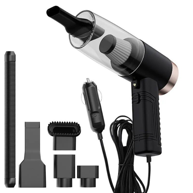 Black car vacuum cleaner with multiple accessory heads on 5-metre power cable