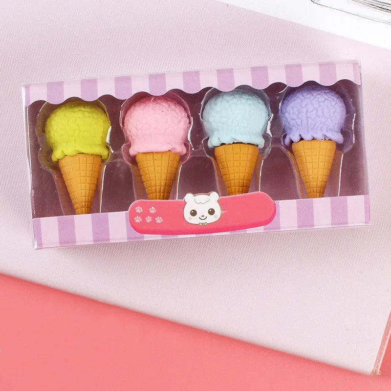 Cartoon eraser set with 12 character shapes including ice cream cones, doughnuts, and lollipops for children