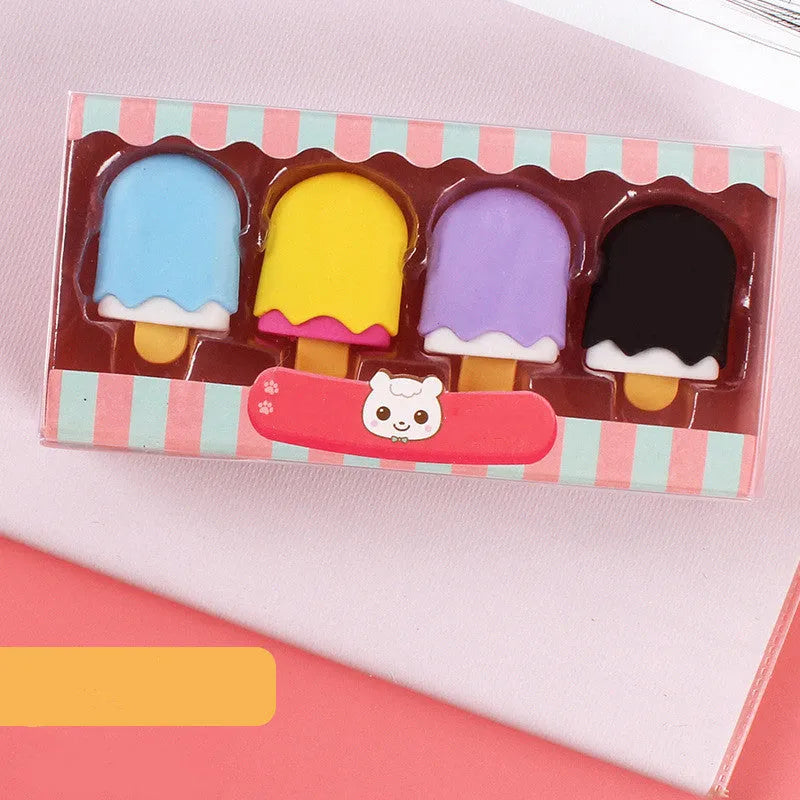 Cartoon eraser set with 12 character shapes including ice cream cones, doughnuts, and lollipops for children