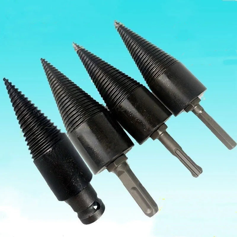 Hexagonal metal firewood splitting drill bit in 32mm and 42mm sizes for power tools.