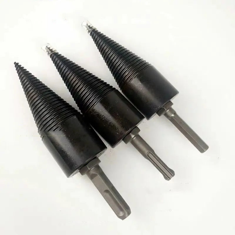 Hexagonal metal firewood splitting drill bit in 32mm and 42mm sizes for power tools.