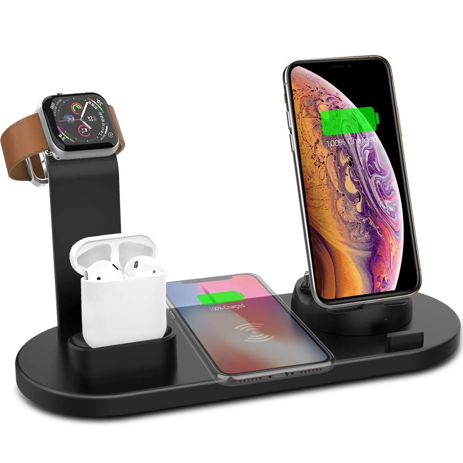 4 in 1 wireless charging stand in black with USB interface and indication function for iPhone