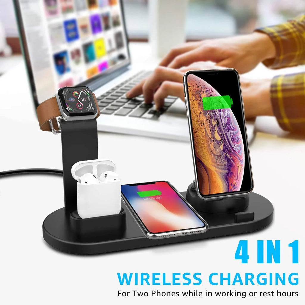 4 in 1 wireless charging stand in black with USB interface and indication function for iPhone