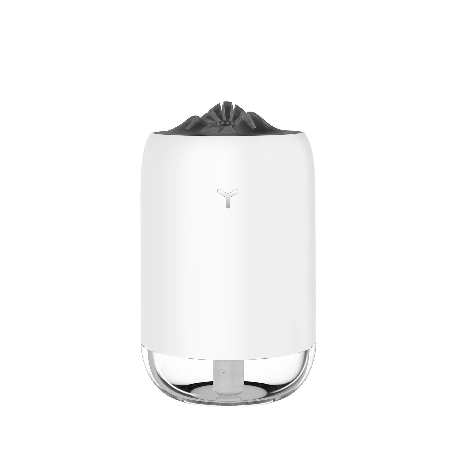 Magic Flame columnar humidifier in light blue colour on desktop with USB cable