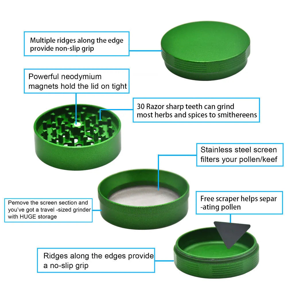 Four layer metal herb grinder in aviation aluminium alloy with diamond teeth