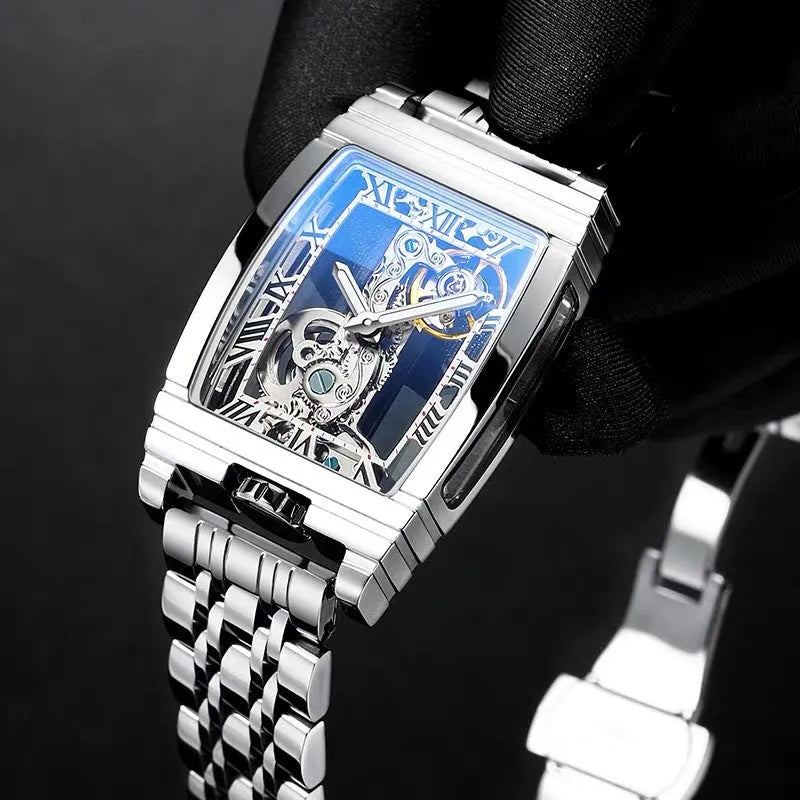 Daystar square manual mechanical watch with stainless steel case and choice of leather or metal strap