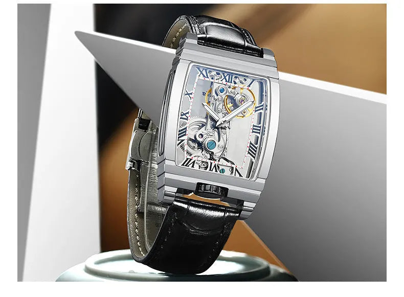 Daystar square manual mechanical watch with stainless steel case and choice of leather or metal strap