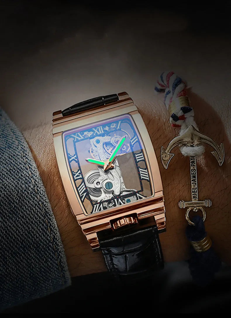 Daystar square manual mechanical watch with stainless steel case and choice of leather or metal strap