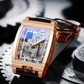 Daystar square manual mechanical watch with stainless steel case and choice of leather or metal strap