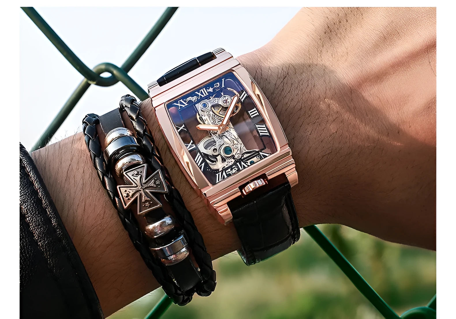 Daystar square manual mechanical watch with stainless steel case and choice of leather or metal strap