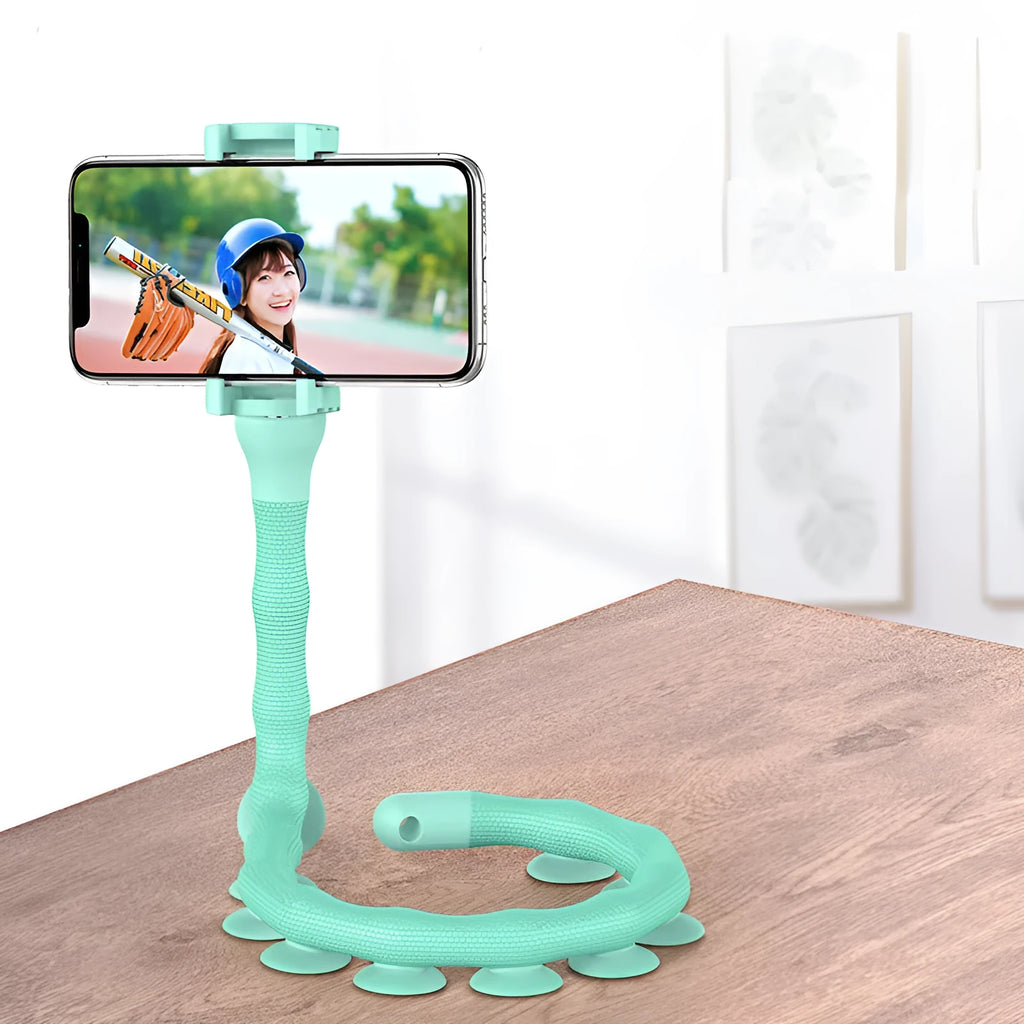 Black flexible rubber phone holder with suction cup base bent into an L-shape