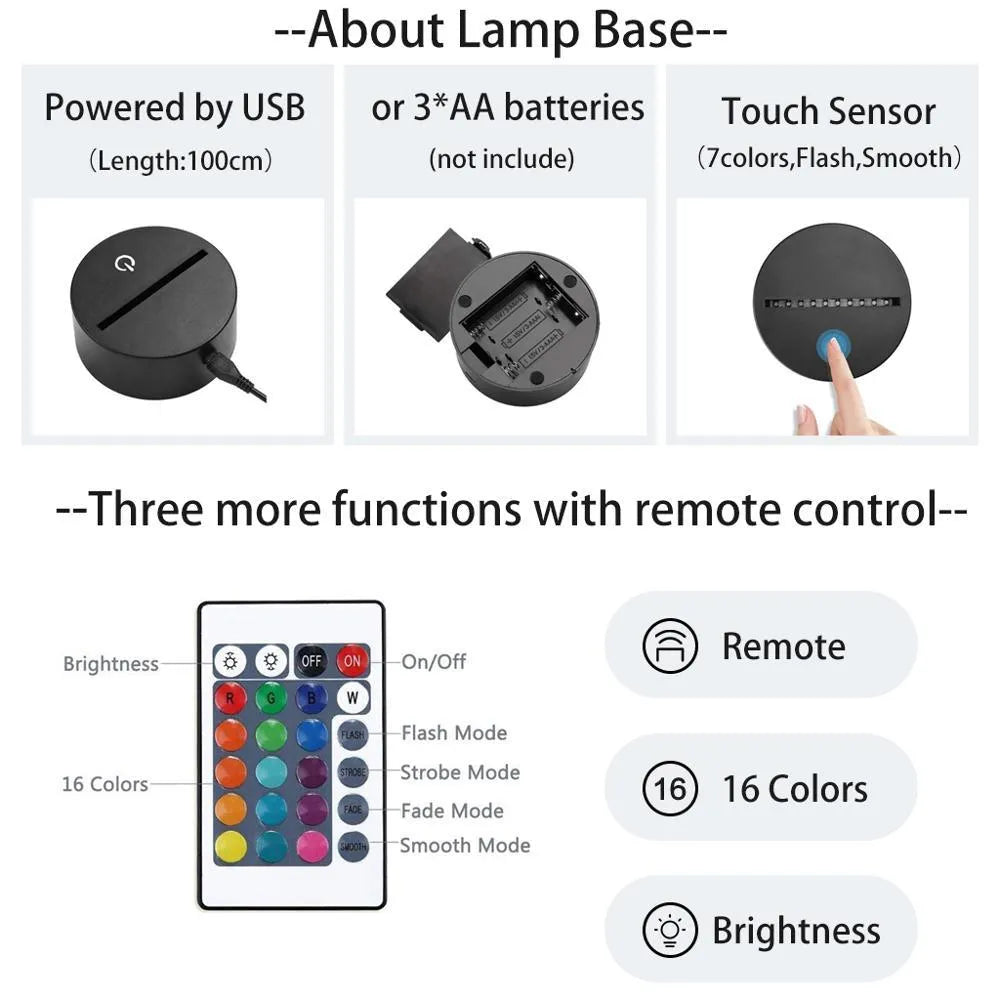 Black based LED desk lamp with colourful acrylic shade and a small remote control on a wooden desk.
