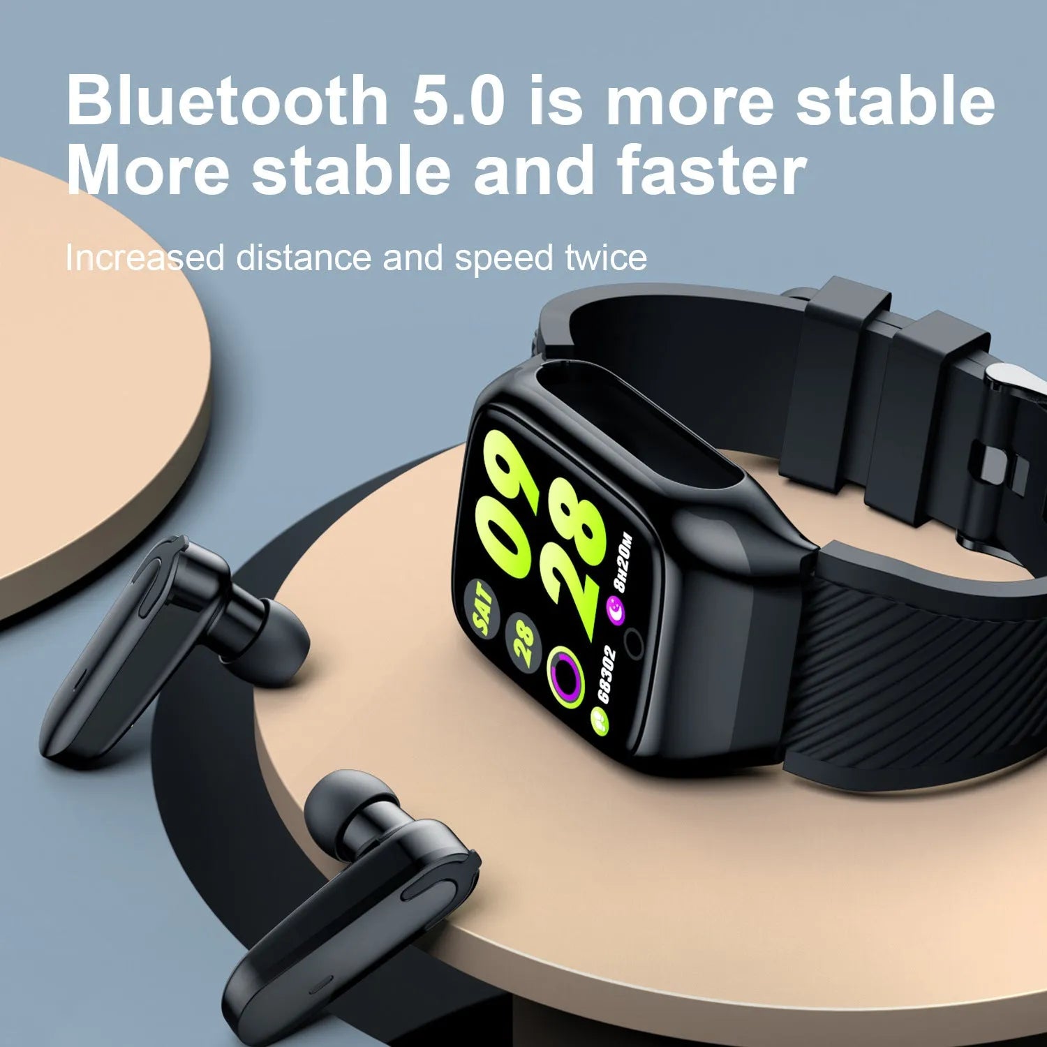 Wireless sports smart watch bracelet with colour screen and Bluetooth stereo earphones in black