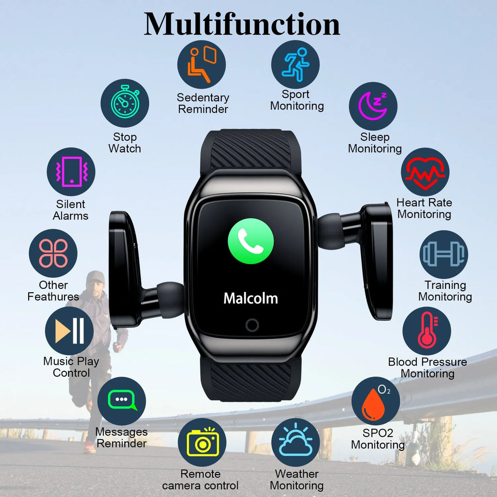 Wireless sports smart watch bracelet with colour screen and Bluetooth stereo earphones in black
