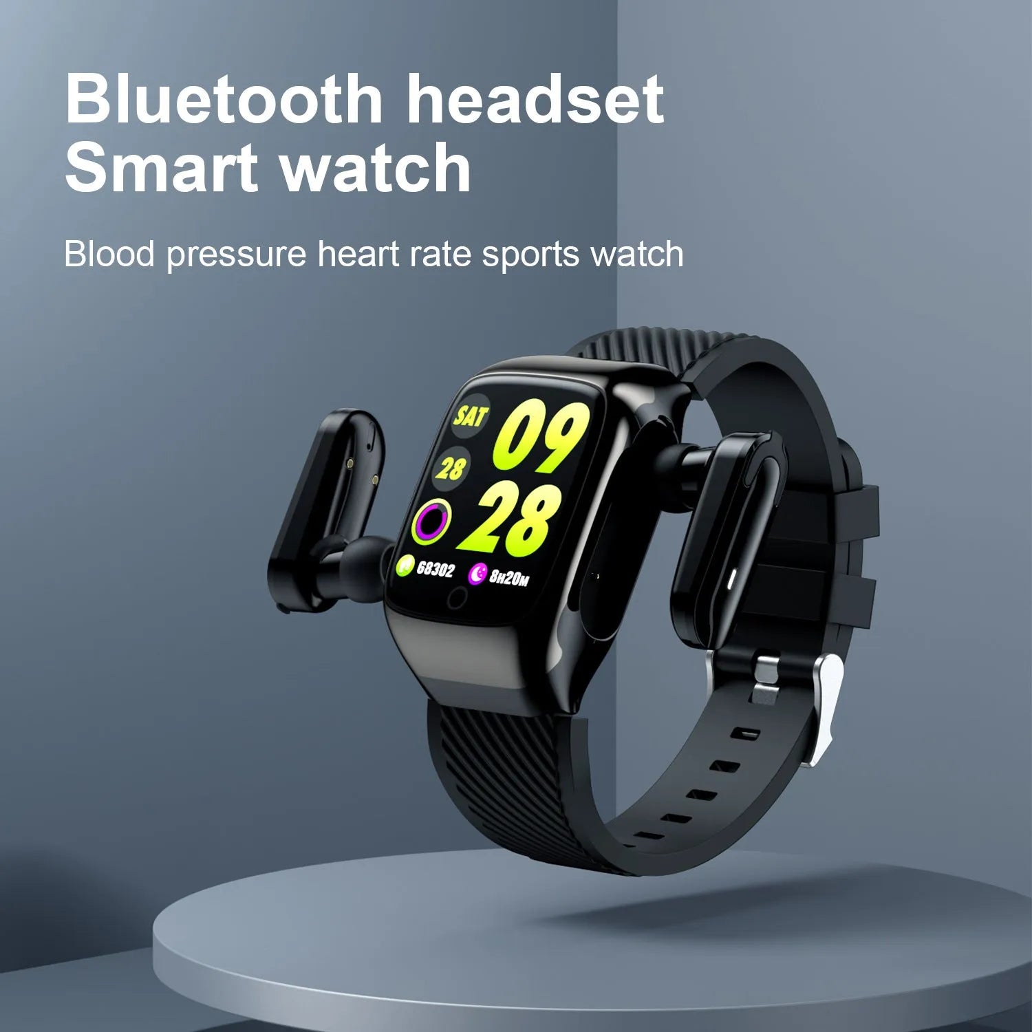 Wireless sports smart watch bracelet with colour screen and Bluetooth stereo earphones in black