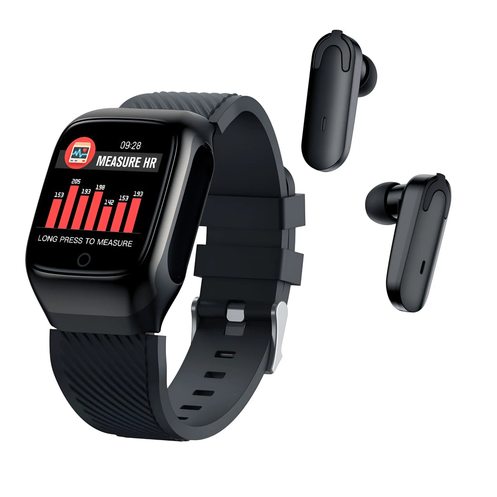 Wireless sports smart watch bracelet with colour screen and Bluetooth stereo earphones in black