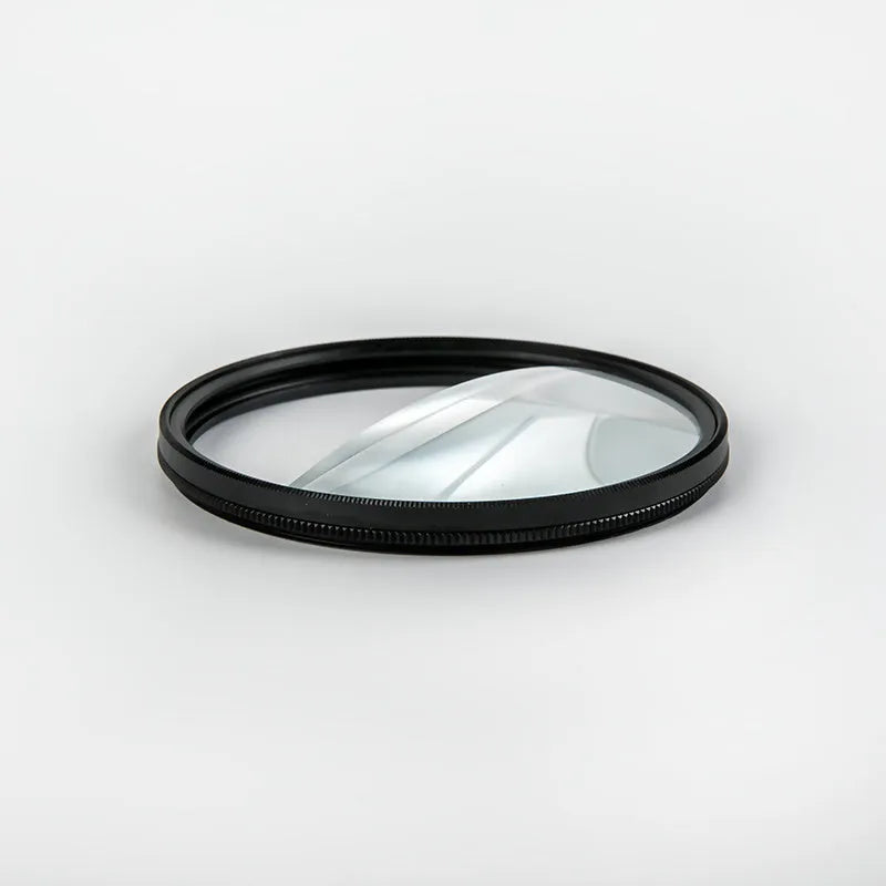 77mm half moon mirror split focus filter for SLR cameras with cleaning cloth and storage bag.