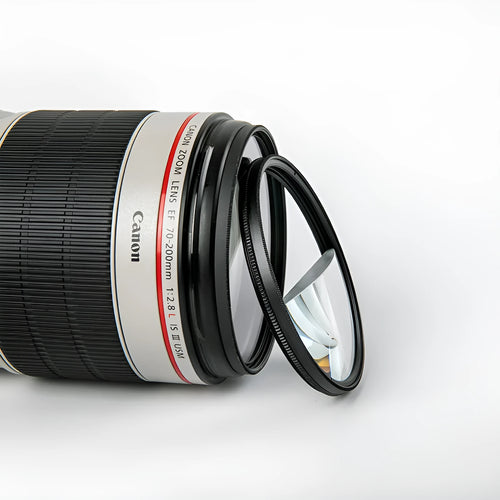 77mm half moon mirror split focus filter for SLR cameras with cleaning cloth and storage bag.