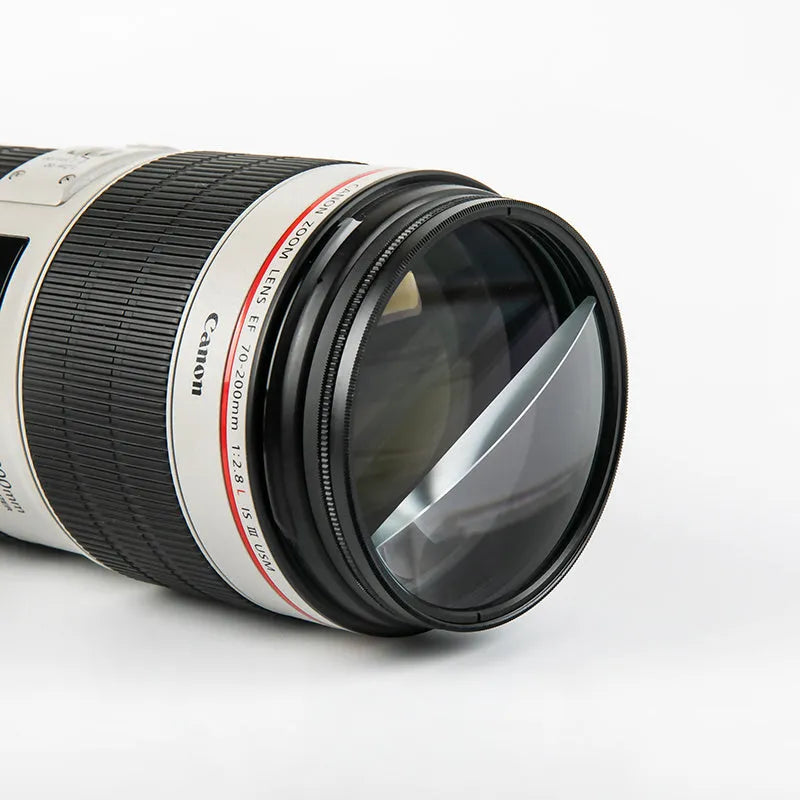 77mm half moon mirror split focus filter for SLR cameras with cleaning cloth and storage bag.