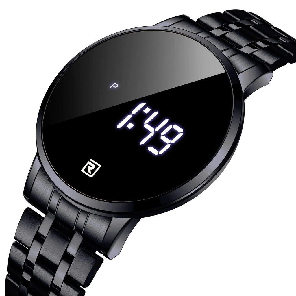 Touch screen digital calendar electronic watch with gold alloy case and black face on matching gold belt