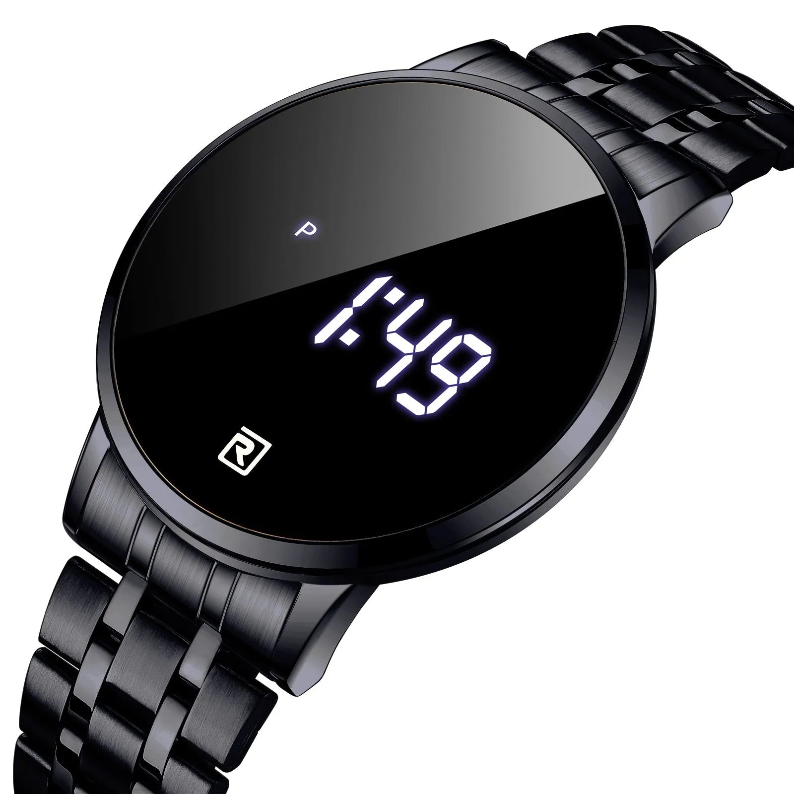 Touch screen digital calendar electronic watch with gold alloy case and black face on matching gold belt