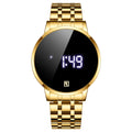 Touch screen digital calendar electronic watch with gold alloy case and black face on matching gold belt