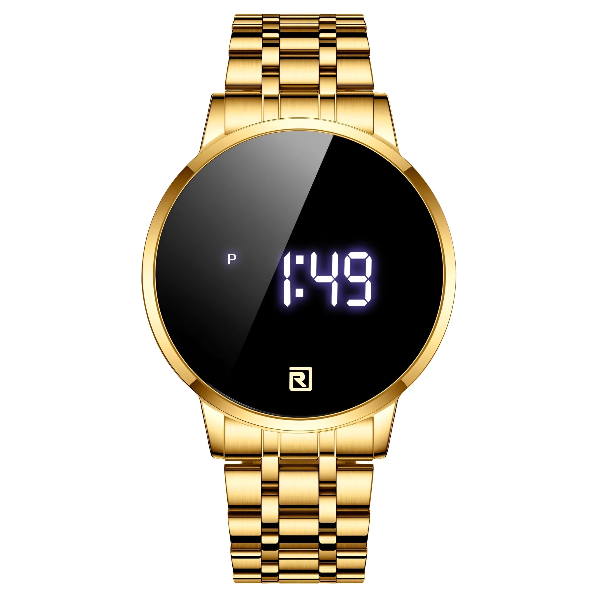 Touch screen digital calendar electronic watch with gold alloy case and black face on matching gold belt
