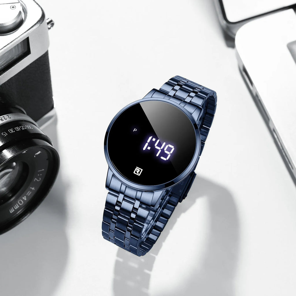 Touch screen digital calendar electronic watch with gold alloy case and black face on matching gold belt
