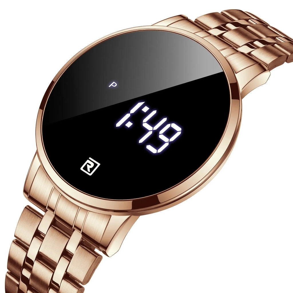 Touch screen digital calendar electronic watch with gold alloy case and black face on matching gold belt
