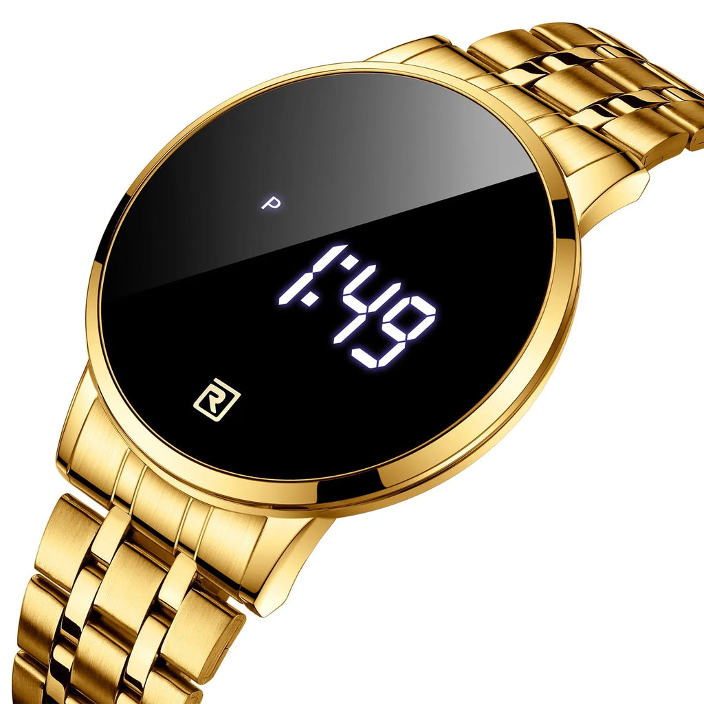 Touch screen digital calendar electronic watch with gold alloy case and black face on matching gold belt
