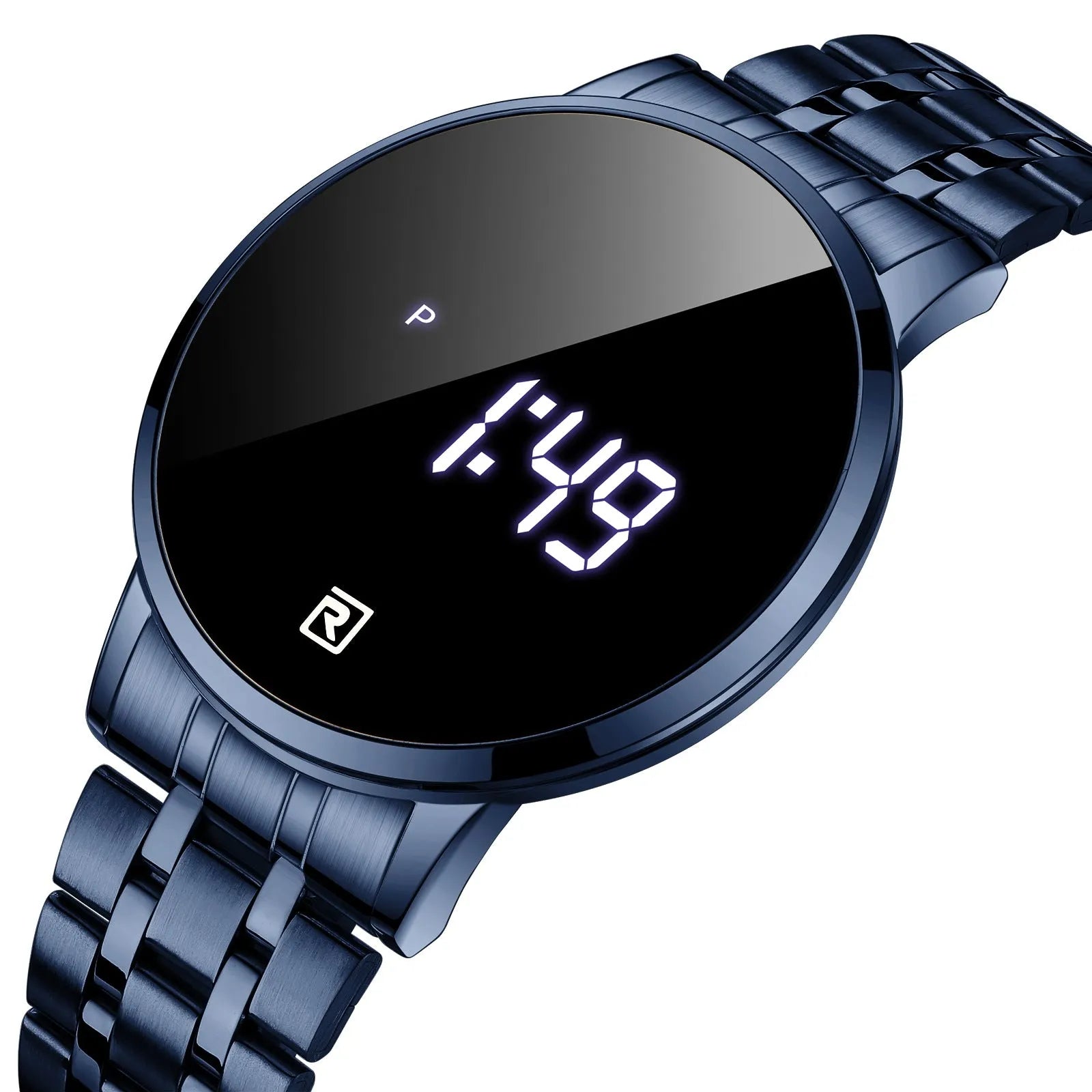 Touch screen digital calendar electronic watch with gold alloy case and black face on matching gold belt
