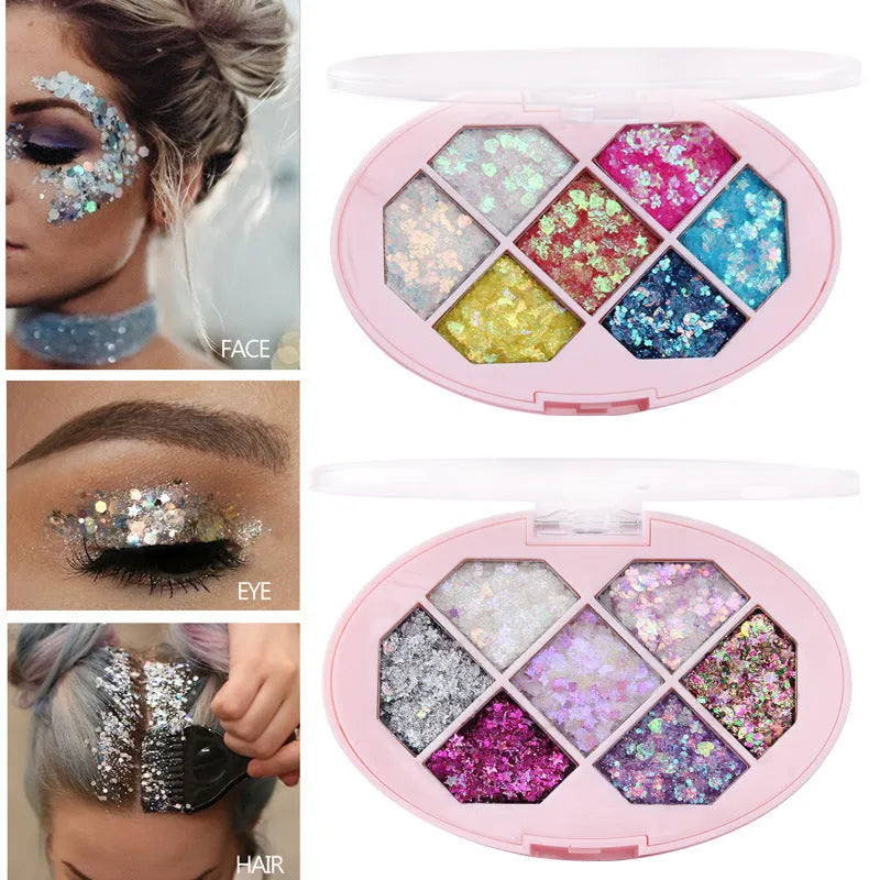 Small pot of glitter eye shadow gel cream with shimmer sequins in seven colour options for face and body festival use