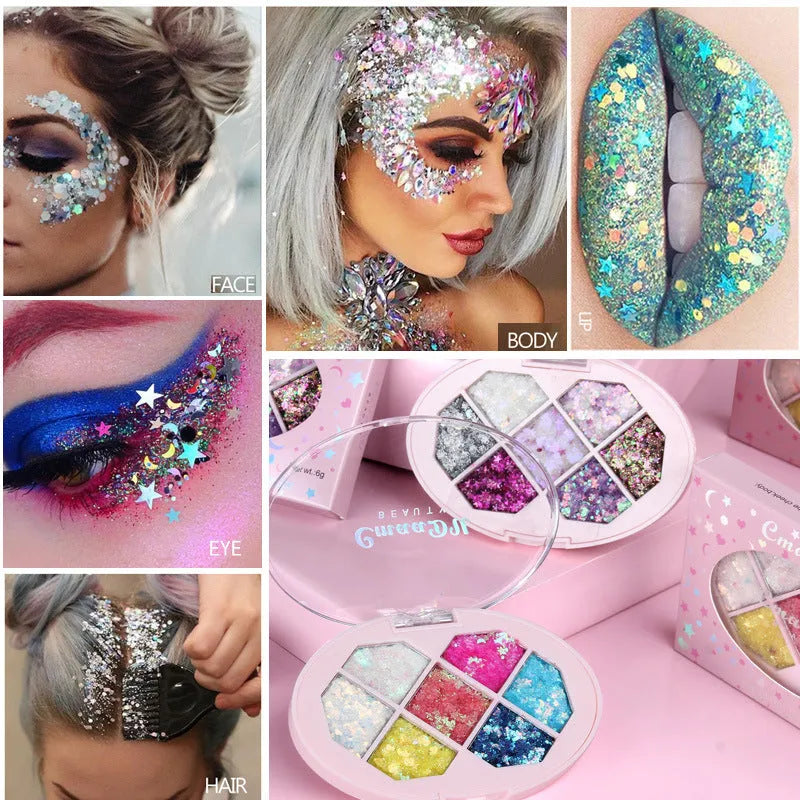 Small pot of glitter eye shadow gel cream with shimmer sequins in seven colour options for face and body festival use