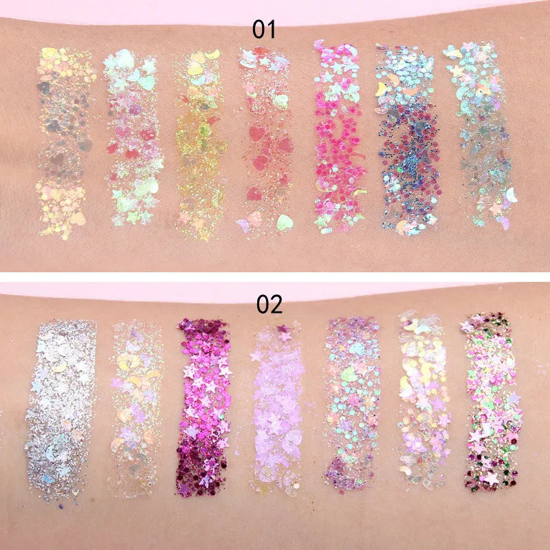 Small pot of glitter eye shadow gel cream with shimmer sequins in seven colour options for face and body festival use