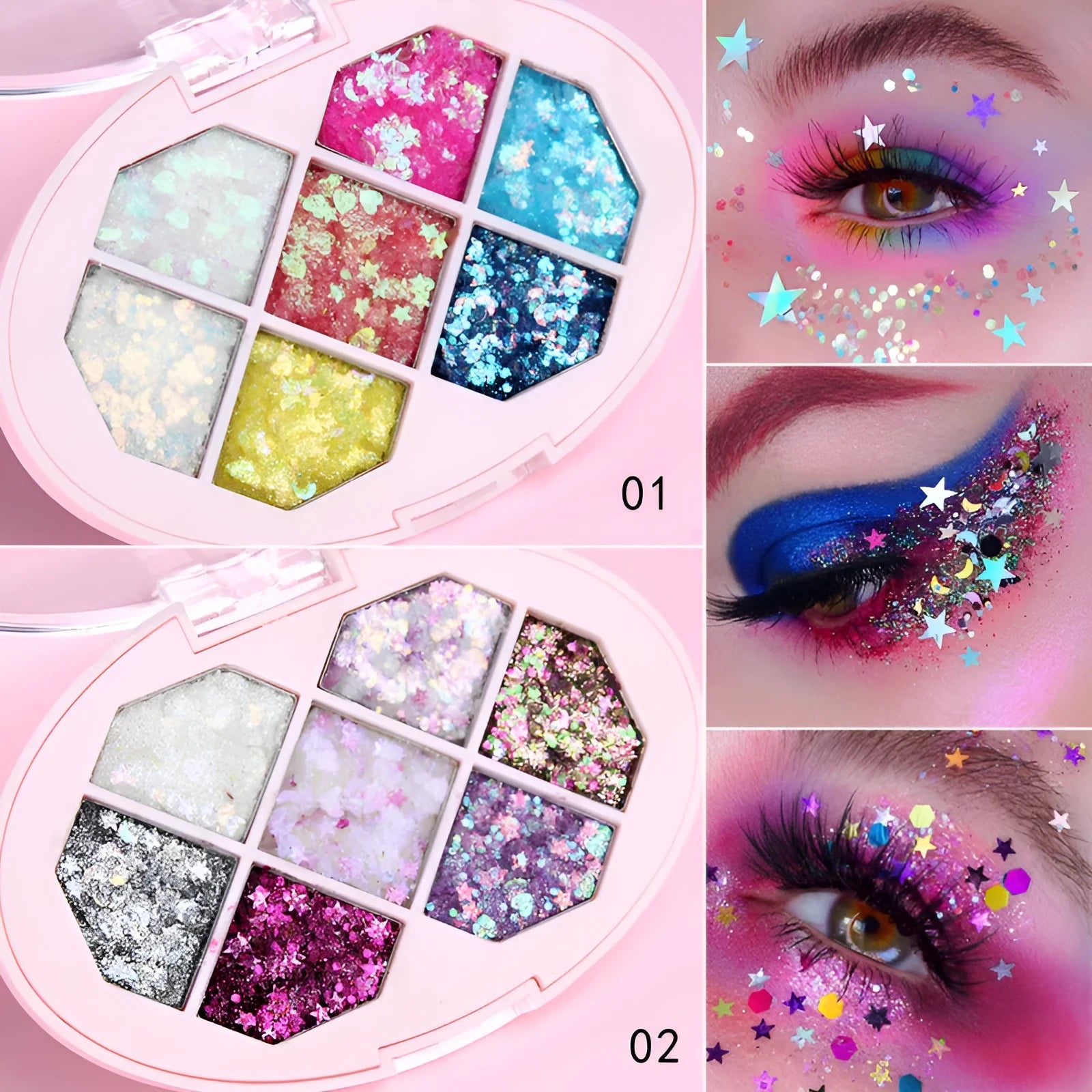 Small pot of glitter eye shadow gel cream with shimmer sequins in seven colour options for face and body festival use