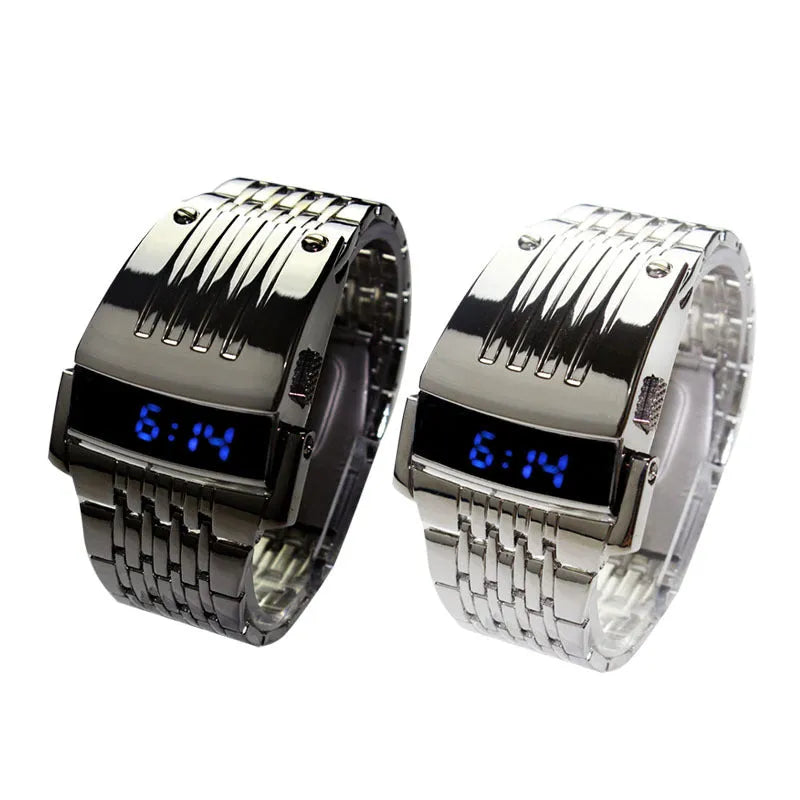 LCD LED watch with blue red display, black case, 3.6 cm wide, 24 cm strap, power saving mode