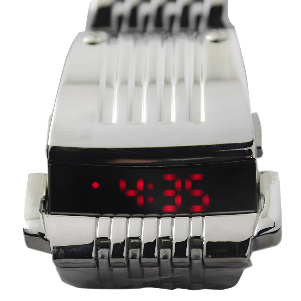 LCD LED watch with blue red display, black case, 3.6 cm wide, 24 cm strap, power saving mode
