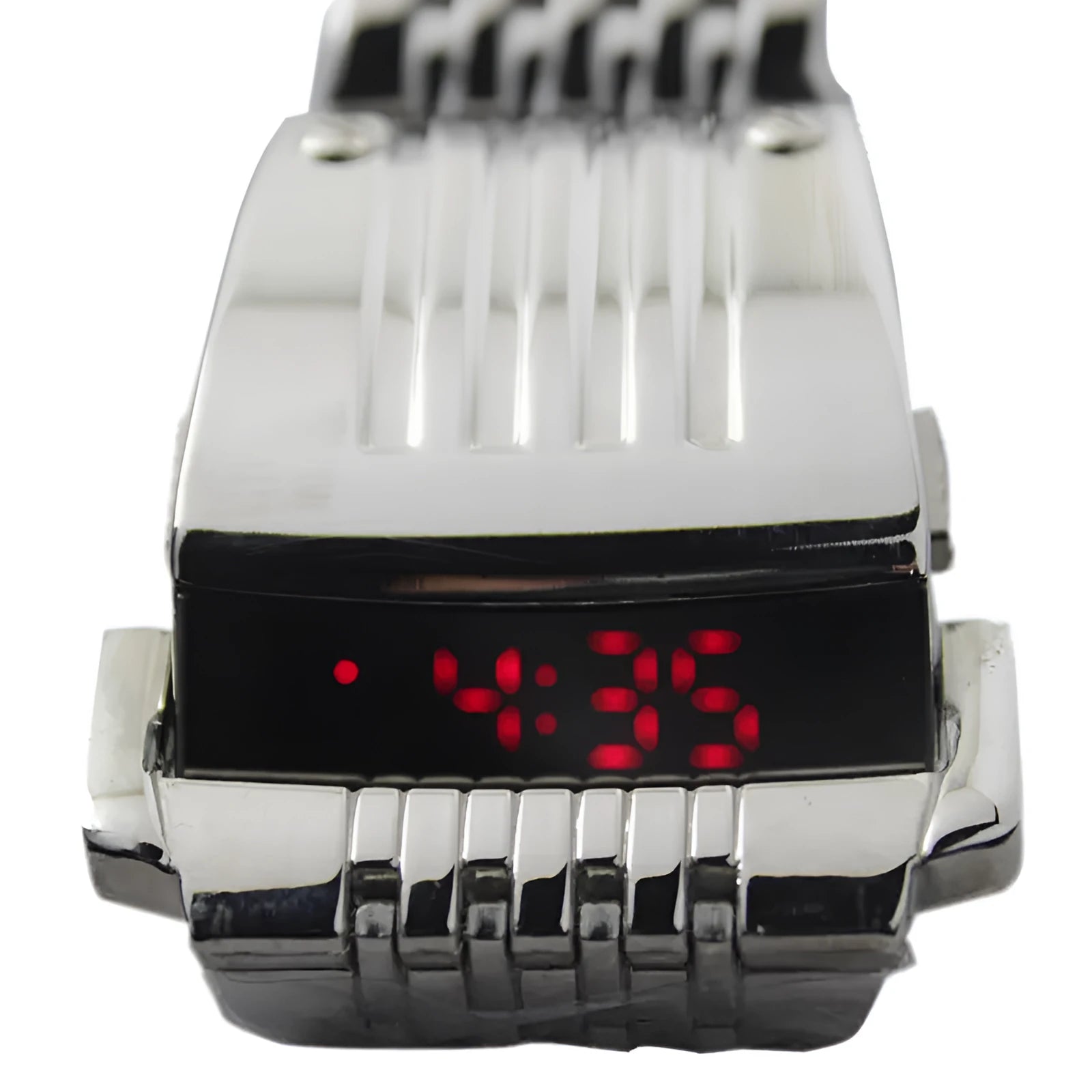 LCD LED watch with blue red display, black case, 3.6 cm wide, 24 cm strap, power saving mode
