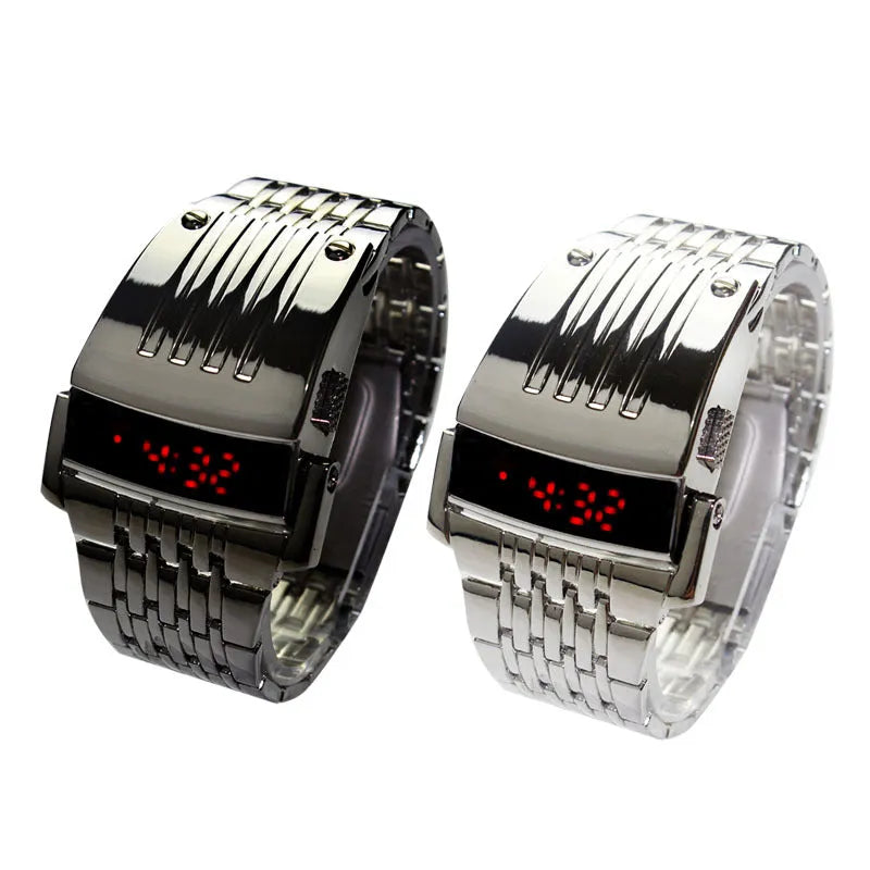 LCD LED watch with blue red display, black case, 3.6 cm wide, 24 cm strap, power saving mode