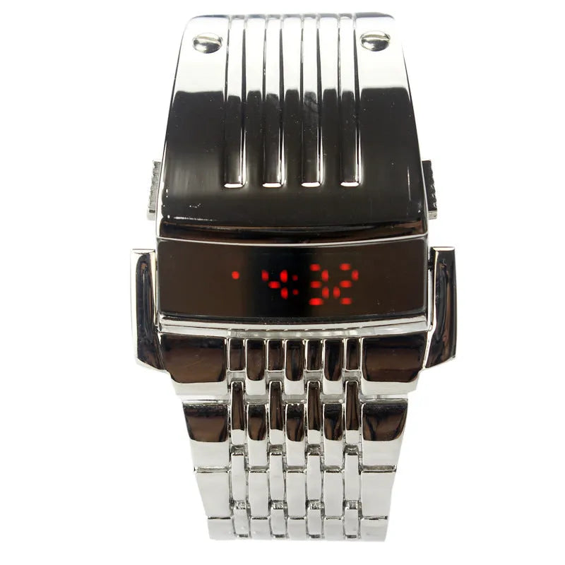 LCD LED watch with blue red display, black case, 3.6 cm wide, 24 cm strap, power saving mode