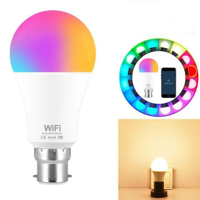 15W smart WiFi LED light bulb with RGB colour and white dimmable modes showing E27 and B22 fitting options