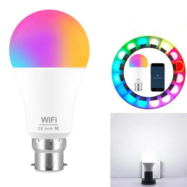 15W smart WiFi LED light bulb with RGB colour and white dimmable modes showing E27 and B22 fitting options