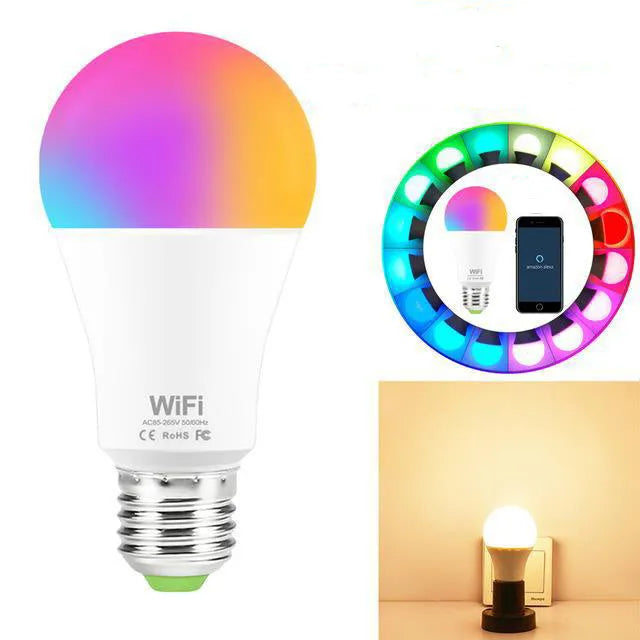 15W smart WiFi LED light bulb with RGB colour and white dimmable modes showing E27 and B22 fitting options