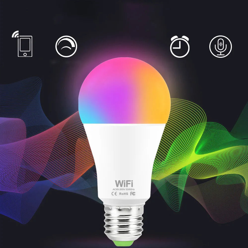 15W smart WiFi LED light bulb with RGB colour and white dimmable modes showing E27 and B22 fitting options
