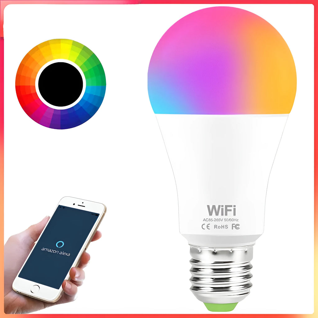 15W smart WiFi LED light bulb with RGB colour and white dimmable modes showing E27 and B22 fitting options